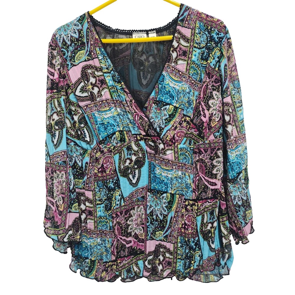 Cato Womens BOHO Top Size 14/16 Teal Paisley Crinkle Flare Sleeve Whimsygoth